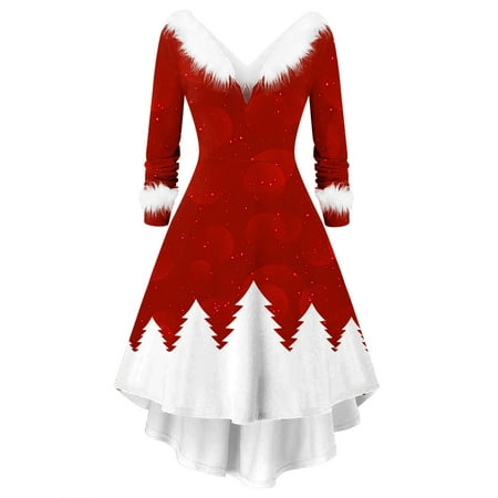 CLZOUD Women Plus Size Dress Red Polyester Women -Plush Panel Long Sleeve V Collar Asymmetrical Party Dress L