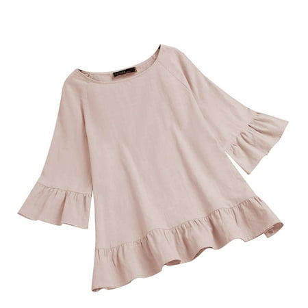CLZOUD T Shirt for Women Khaki Cotton and Linen Women S Cotton and Linen Solid Color Round Neck Women S Five Point Sleeve Loose Casual T Shirt with Ru