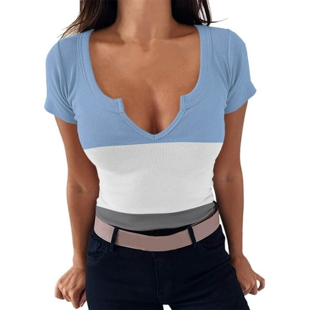 GWAABD Long Sleeve Shirts Women V Neck Ribbed Fitted Tight Color Matching Tee Shirt Short Sleeve TShirt Blouse Basic Knit Top
