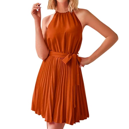 CLZOUD Women Flowy Dress Brown Polyester Women S Long Summer Sun Dresses 2023 Sleeveless Halter Neck Flowy Pleated Mini Dress Xl