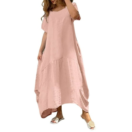 Casual Dress for Women Summer Round Neck Long Sleeve Loose Solid Color Long Dresses