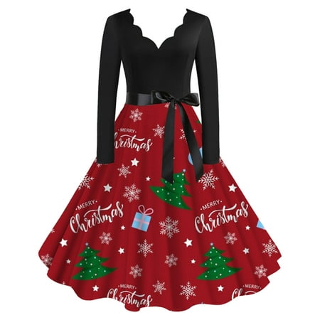 CLZOUD Summer Dresses for Women 2023 Casual Red Polyester Spandex Ladies Print V Neck Long Sleeve Dress Belt Swing Party Ball Dress L