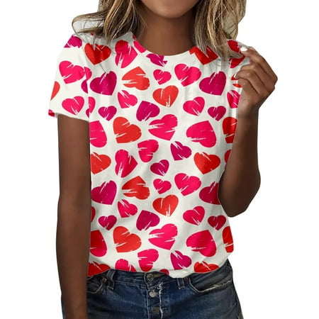 CLZOUD Women Shirts Summer Red Women Fashion Casual Top Shirt Short Sleeve Round Neck Printed T Shirt Elegant Loose Soft Top Blouse L