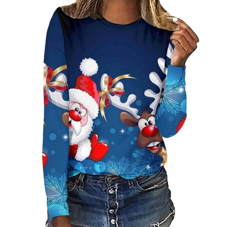 CLZOUD Women Shirts Summer Blue Women Round Neck 3D Digital Printing Long Sleeve T Shirt Top Xl