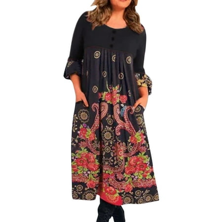 CLZOUD Elegant Dresses for Women Black Polyester Women Fashion Positioning Printed Long Sleeve Long Skirt Pocket Dress M