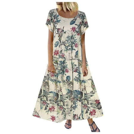 CLZOUD Dress for Women Casual Purple Polyester Floral Womens Short Casual Long Dress Maxi and Linen Boho Sleeve Printed Cotton Women S Dress Xxl