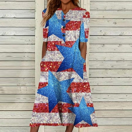 Perfect Summer Gift HIMIWAY Maxi Cheap MIDI Wedding Guest Plus Size Women 4579 Summer Loose Casual Large Size Patriot V-Neck Sleeveless Dress Blue L