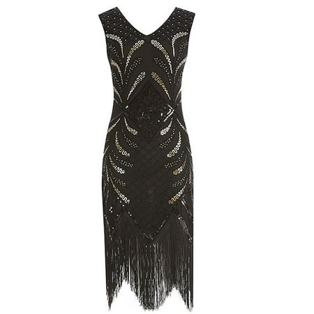 GWAABD Navy Dress Flapper Tassels Dress Sleeve Length Vintage V-Neck MIDI Short Women Women S Dress