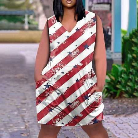 Perfect Summer Gift HIMIWAY Maxi Cheap MIDI Wedding Guest Plus Size Women 4962 Summer Loose Casual Large Size Patriot V-Neck Sleeveless Dress Red L