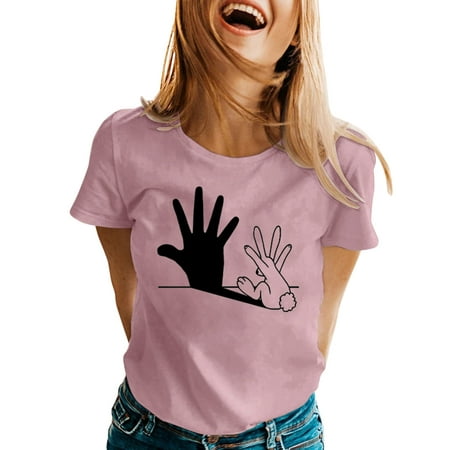 CLZOUD Blouses for Women Business Pink Cotton Blends Womens Spring Summer Rabbit Printed Short Sleeve O Neck T Shirt Top L