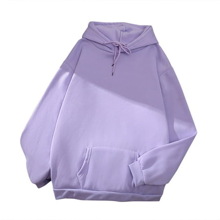 CLZOUD Women Hooded Sweatshirt Casual Solid Color Top Long Sleeve Loose Fit Drawstring Hooded Sweatshirt Top with Pocket Purple S