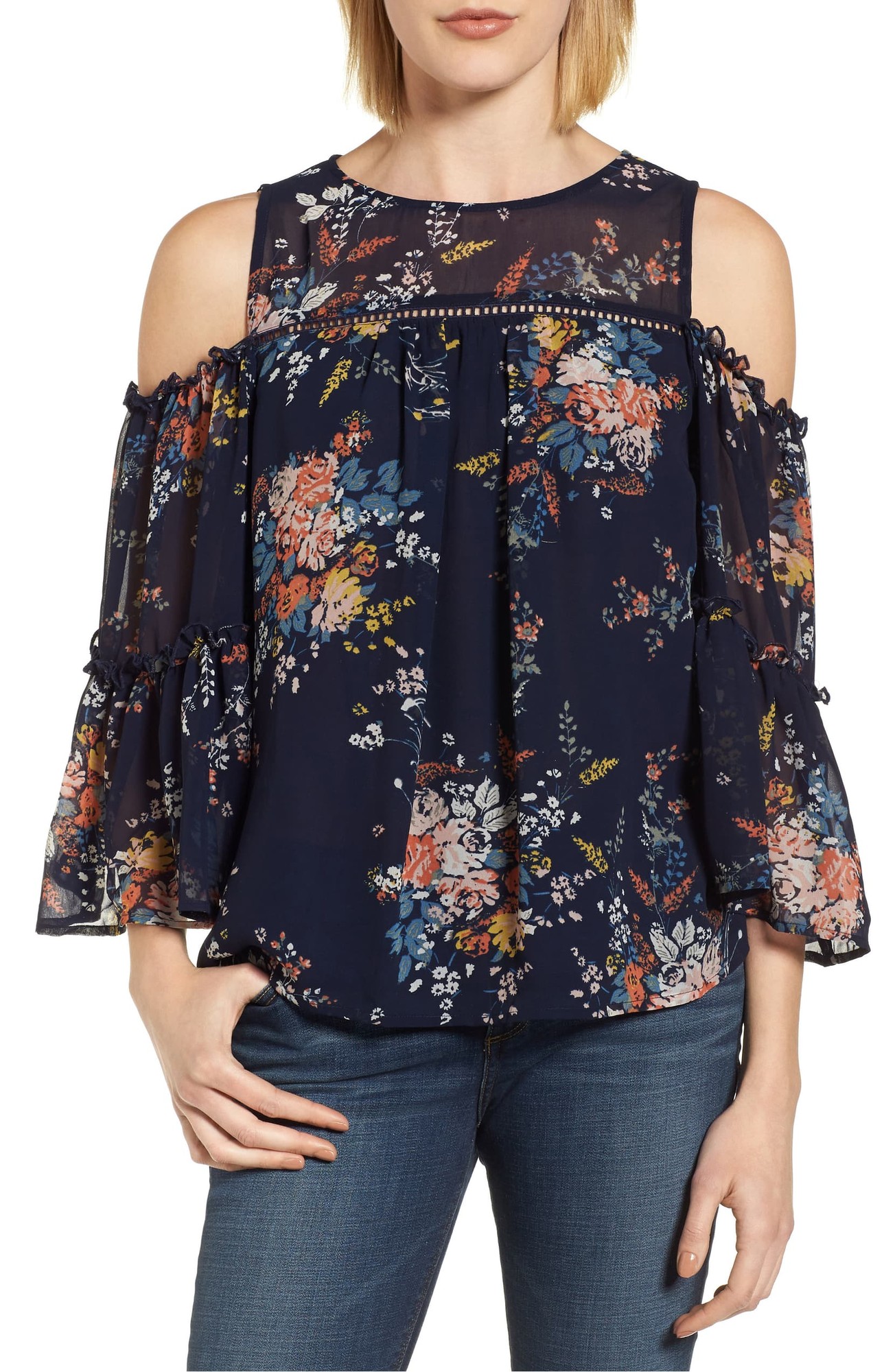 LUCKY BRAND $89 Womens New 1455 Navy Printed Cold Shoulder Top S B+B