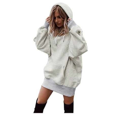 CLZOUD Women Hooded Sweatshirt Fashion Solid Color Clothes Drawstring Hoodies Oversized Pullover Coat Hoody Sweatshirt Grey M