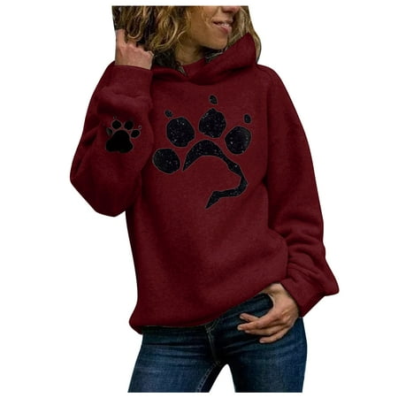 Women Hoodies Women S Casual Cat Paw Print Long-Sleeved Pullover Hooded Thin Fleece Sweater