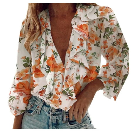 CLZOUD Women Shirts Summer Chiffon Large Size Women S Paneled Ruffled Long Sleeve V Neck Shirt L