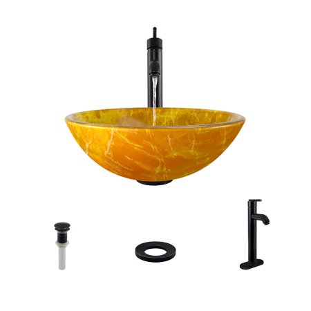 605 Double Layer Glass Vessel Sink, with Antique Bronze Vessel Faucet, Sink Ring, and Vessel Pop-up Drain