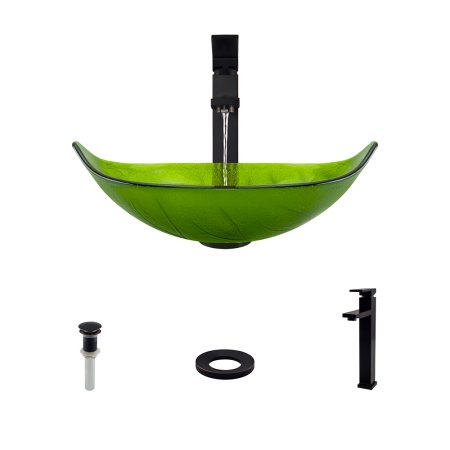 609 Colored Glass Vessel Sink, with Antique Bronze Vessel Faucet, Sink Ring, and Vessel Pop-up Drain
