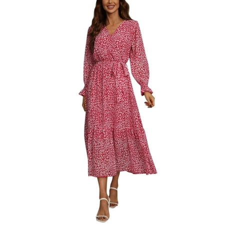 GWAABD Summer Dress Casual Women S Floral Print Boho Dress Long Sleeve Wrap V Neck Ruffle Belted a Line Flowy Maxi Dresses