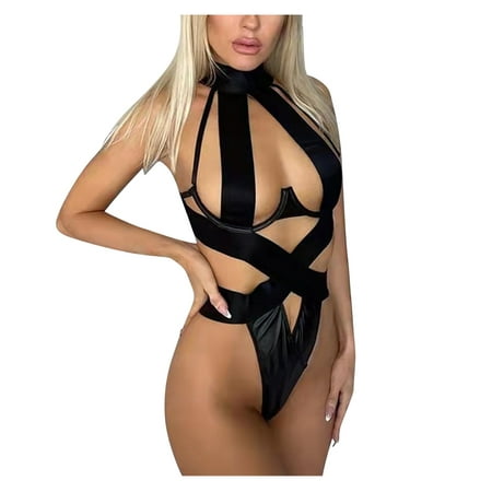 GWAABD Shirts Night Wear for Women Mesh Panel Open Back Lace-up Camisole Bodysuit