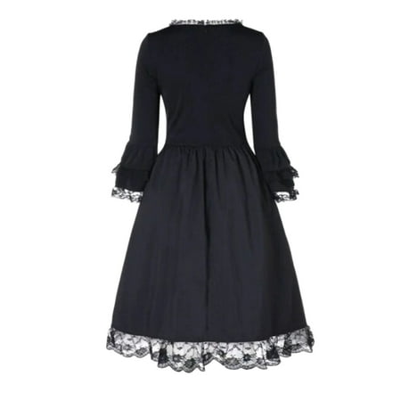 CLZOUD Dress for Women Casual Black Polyester Women Vintage Long-sleeved Lace up Flounced Layered MIDI Dress Xxl