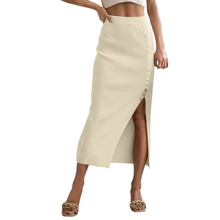 CLZOUD Womens Summer Dresses Yellow Women Elegant Lettuce Trim Solid High Waisted Pencil MIDI Skirt L