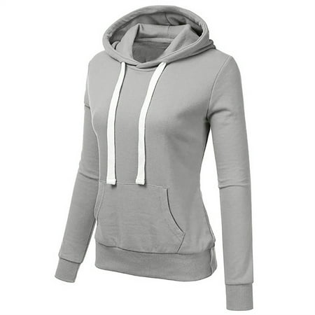 CLZOUD Women S Hooded Sweatshirt Ladies Solid Hooded with Pocket Long Sleeve Sweatshirt Drawstring Pullover Tops Shirt Grey L