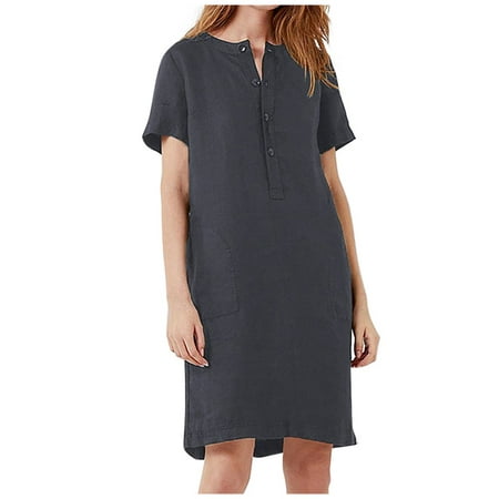 GWAABD Tricolor Dress Womens Fashion Casual and Sleeve Color Solid Dress Linen Cotton Short Loose Women S Dress