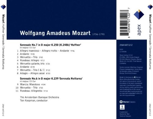 Mozart - Haffner Serenade; Serenata Nocturna / the Amsterdam Baroque Orchestra  Ton Koopman / Apex Audio CD 2003 / 2564 60712-2