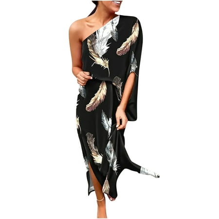 Bigersell Homecoming Dresses Women Summer One Shoulder Printed Loose Slit Short Sleeve Dresses Female Formal Dresses Regular Shift Dresses  Style 3251