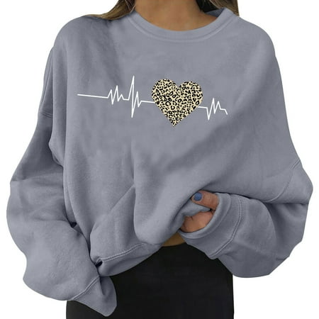 CLZOUD Womens Blouses and Tops Grey Cotton Fashion Women S Casual Long Sleeve Printed Ladies Sweatshirts Tops M