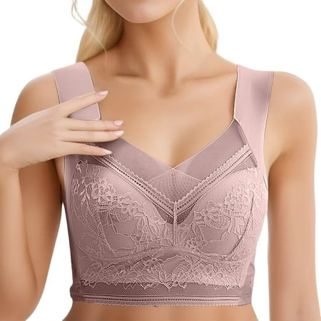 CLZOUD Everyday Bras for Women Lace Back Bra Thin Gathered Traceless Tank Top Underwear No Steel Rim Anti Drop Bra Pink L
