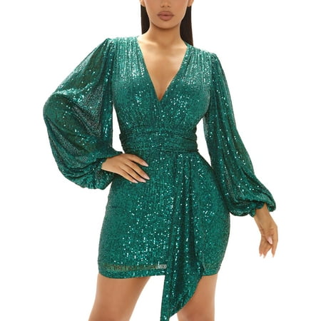 GWAABD Knee Length Dress for Women Sequins V Neck Long Sleeve Nightclub Party Dress Solid Color Fall Slim Club Dress