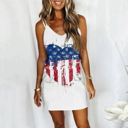 Perfect Summer Gift HIMIWAY Maxi Cheap MIDI Wedding Guest Plus Size Women 3119 Summer Loose Casual Large Size Patriot V-Neck Sleeveless Dress White XX