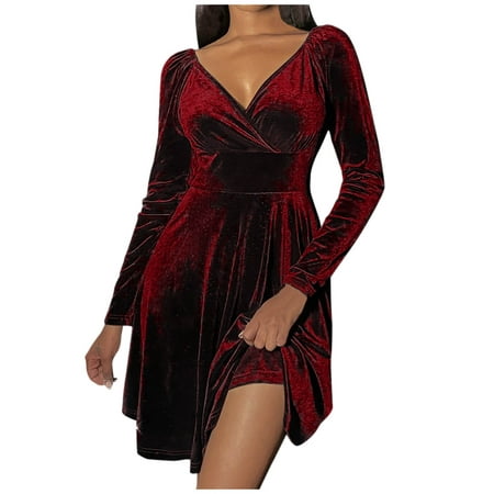 GWAABD Tunic Dress Women S Casual Dress Lightweight Slim Solid Color Deep V Neck Long Sleeve Knee-Length Ruched MIDI Swing Dress
