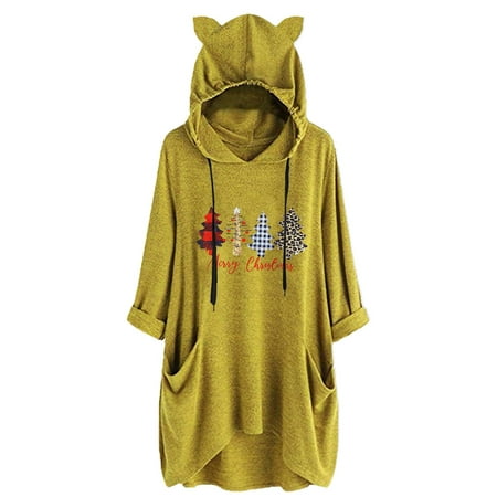 GWAABD Stylish Hoodies for Women Women S Ears Hat Top Long Sleeve Cute Print Two Pockets Hooded Loose Sweatshirt