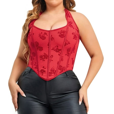 CLZOUD Cropped Camisole for Women Watermelon Red Bustier Corset Top Tight Fitting Corset Tank Top Suspender Top Solid Short Fashion Xxxxl