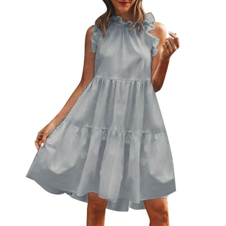 Ketyyh-chn99 for Women Casual Sleeveless Ruffle Summer Mini Dresses Grey S