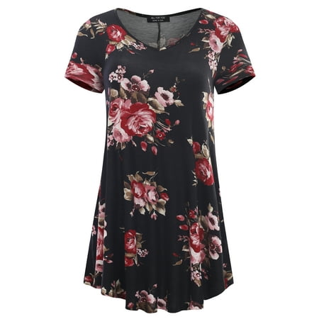 AMORE ALLFY Women S Short Sleeve V-neck Flare Hem Floral Print Tunic Black 7540 Large