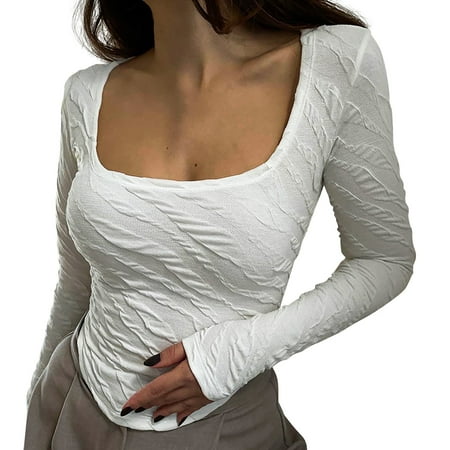 CLZOUD Women S Summer T Shirt White Women S Solid Color Square Neck Pullover Long Sleeve Slim Fit Irregular Hem Top T Shirt S
