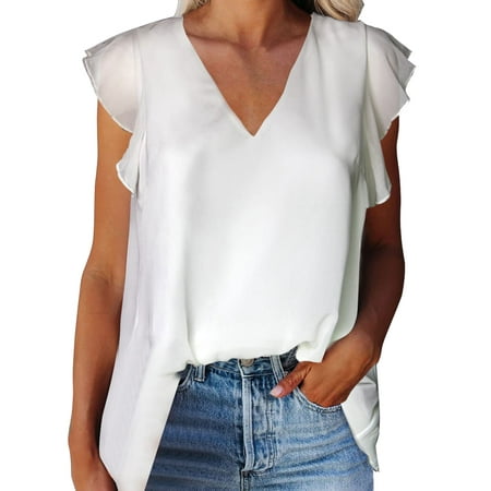 CLZOUD Blouse for Women Dressy Casual White Chiffon Women S Solid Color V Neck Loose Double Stitching Fly Short Sleeve Chiffon Top T Shirt Xl