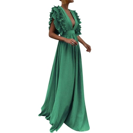 GWAABD Wedding Vestidos De Gala Largos Y Elegantes 2023 Women Wrap V Neck Ruffle Sleeve Tiered MIDI Dress Tie Waist a Line Long Party Dress