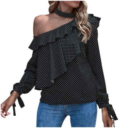 GWAABD Lady Tops Women Crewneck Off Shoulder Wave Dot Print Sweatshirt Popular Long-Sleeves Winter Blouses Top Sweater