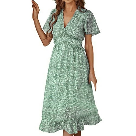 GWAABD Mothers Day Dresses for Women Print Deep Floral Boho Dress Women S Dress Ruffle V Short Neck Sleeve Maxi Women S Casual Dress