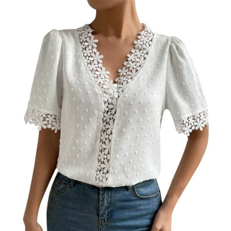 CLZOUD T-shirts for Women Trendy White Womens Casual V Neck Lace T Shirt Loose Puff Short Sleeve Top Tunic Shirt Xxl