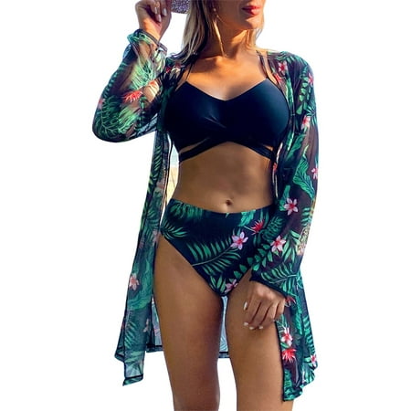 GWAABD Halter Swimsuit Low Waist Women S Separate Swimsuit Women S Bikini Mesh Print Three Piece Swimsuit