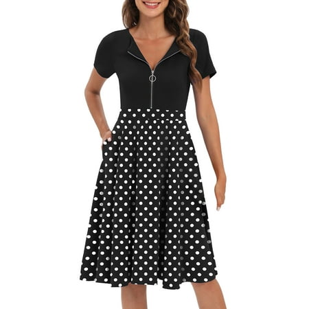 CLZOUD Comfy Dress for Women Black Polyester Women Casual Summer Vintage Flower Print Zipper Dresses a Line Flared MIDI Party Swing Dress with Pockets