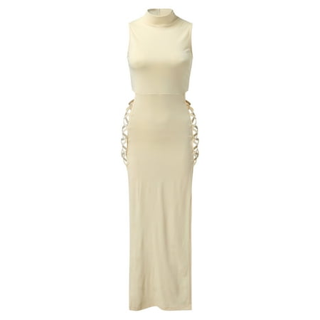Casual Dress for Women Summer Round Neck Solid Sleeveless Side Slit Dresses