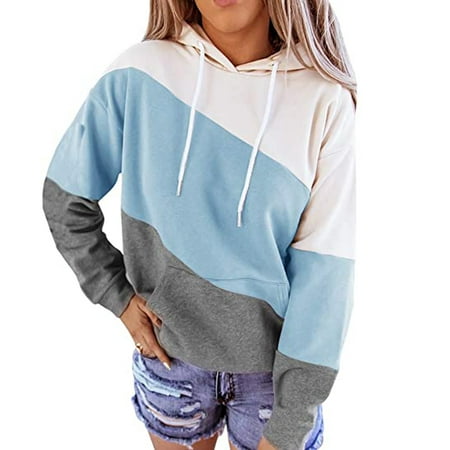 CLZOUD Women S Fashion Hoodies Sweatshirts Color Block Patchwork Contrast Color Striped Hoodies Sweater Long Sleeve Casual Sweatshirt Top Blue XXL