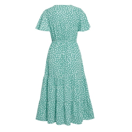 CLZOUD Elegant Dresses for Women Green Polyester Women Summer Beach Sundress Dots Mini Dresses Short Sleeve Dress Ladies Hawaiian Loose V Neck Brick S