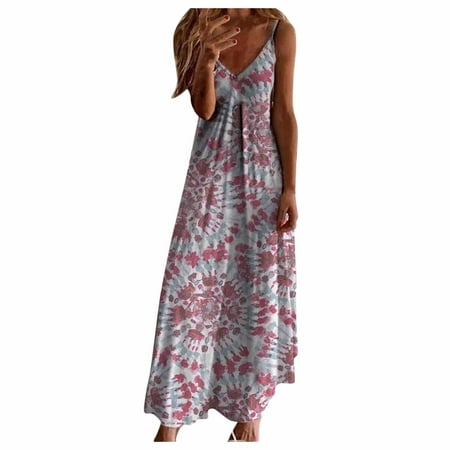 Casual Dress for Women Summer Maxi Sleeveless Print Tropical Backless Beach Dresses